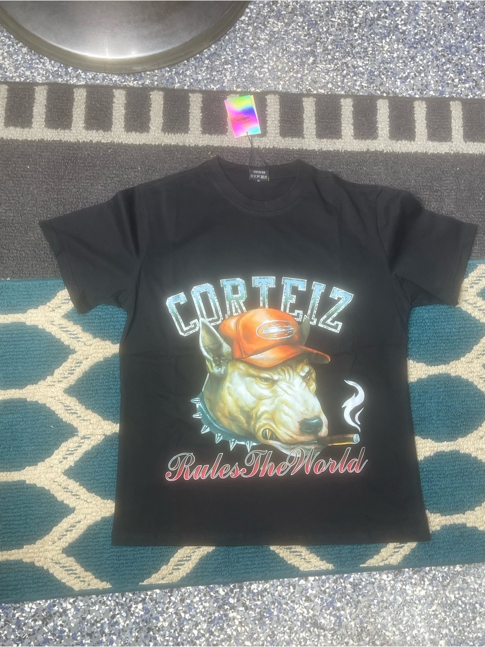 Corteiz Black Graphic Short Sleeve Tee - 'Rules The World'